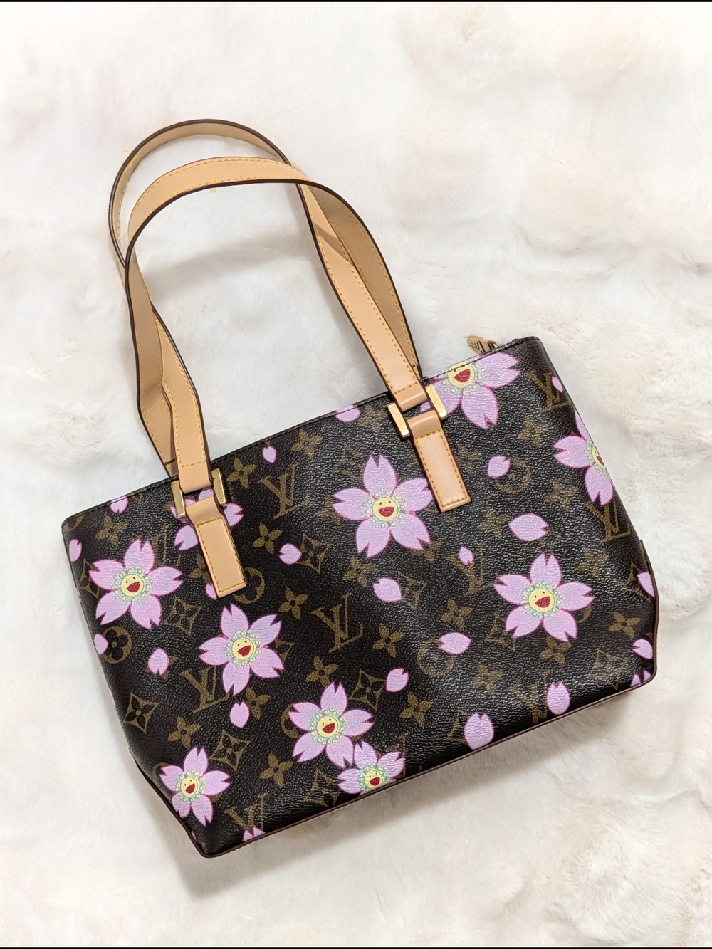 LV Brown Monogram Tote with Pink Floral Print
